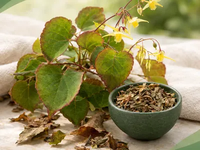 Epimedium (horny goat weed) leaves and flowers with dried herb