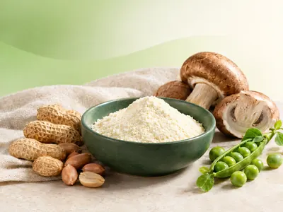 Niacin powder surrounded by peanuts, mushrooms and peas