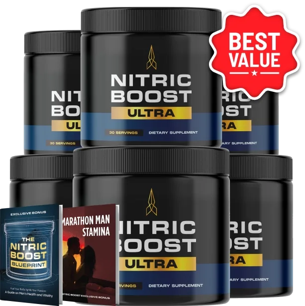 Six jars of Nitric Boost Ultra shown with the two bonus guides